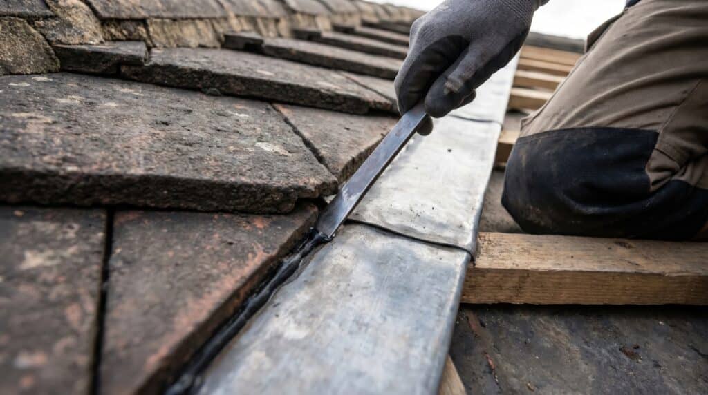 roofer applying lead flashing